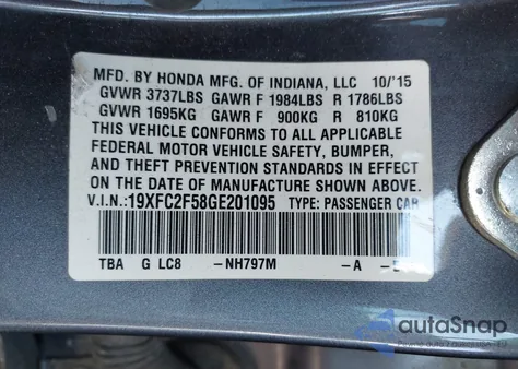 2016 Honda Civic Lx из США, поврежденный, VIN 19XFC2F58GE201095